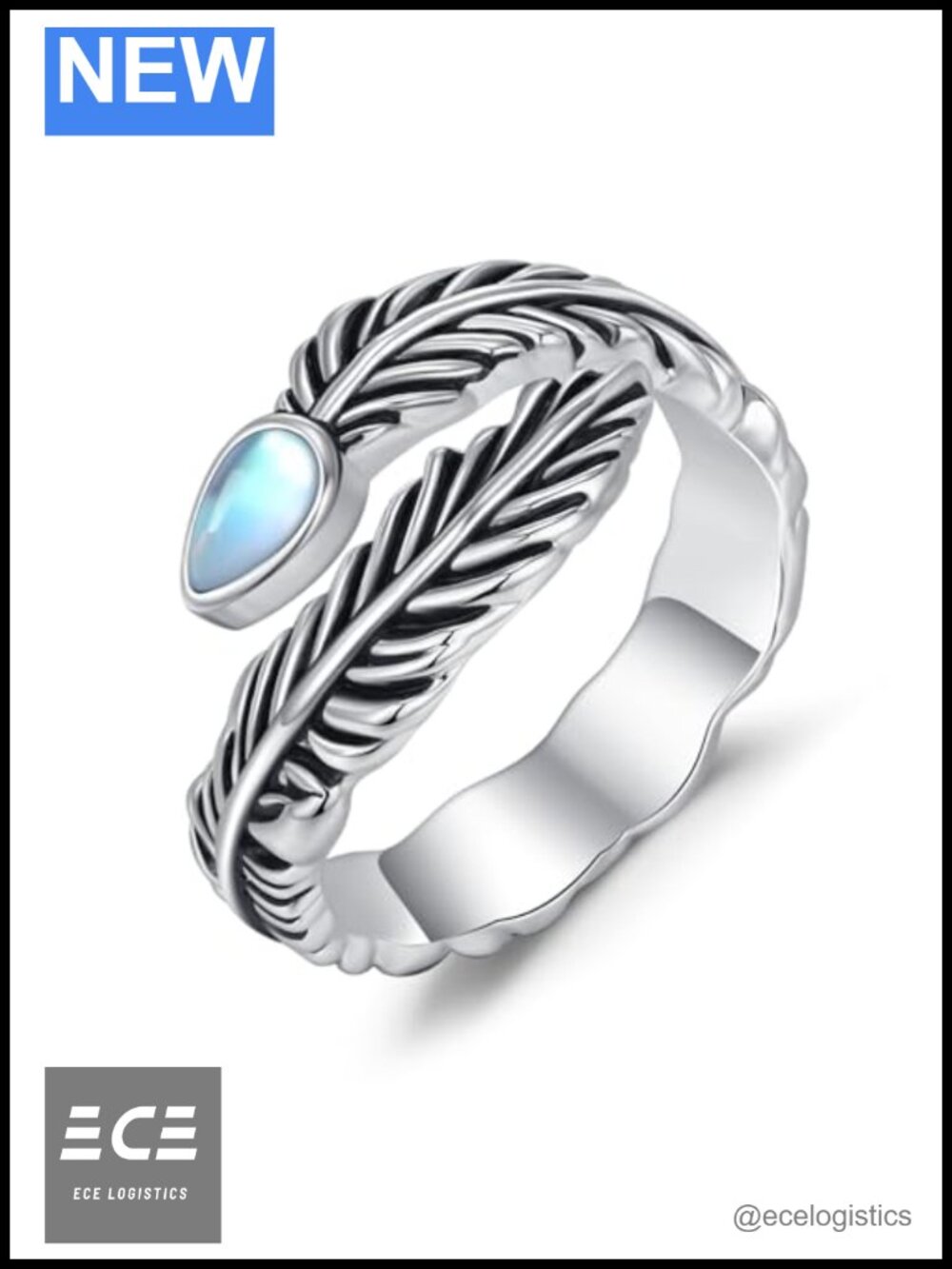 Sterling Silver Moonstone Adjustable Feather Ring S925